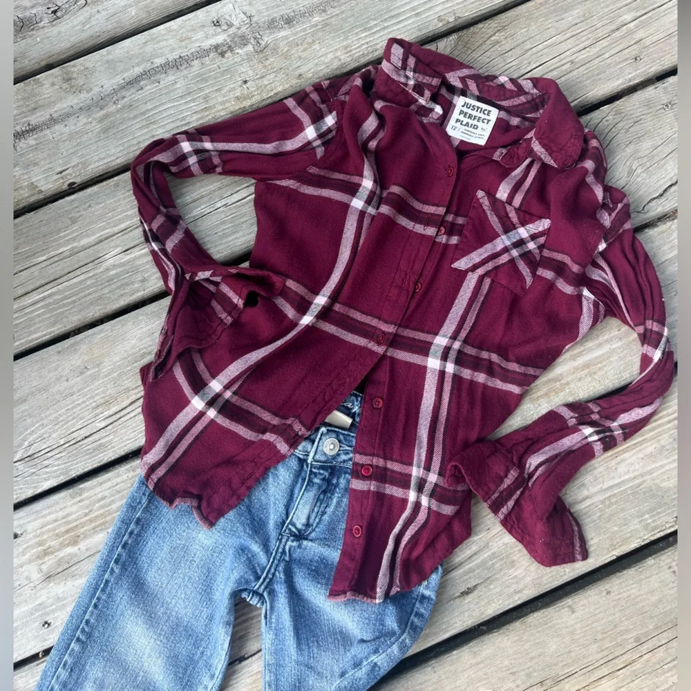 Justice “Perfect Plaid” Girls' Maroon Red Flannel Soft Button-Up Shirt Sz 12